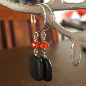 Burnt orange bead with wooden square drop earrings